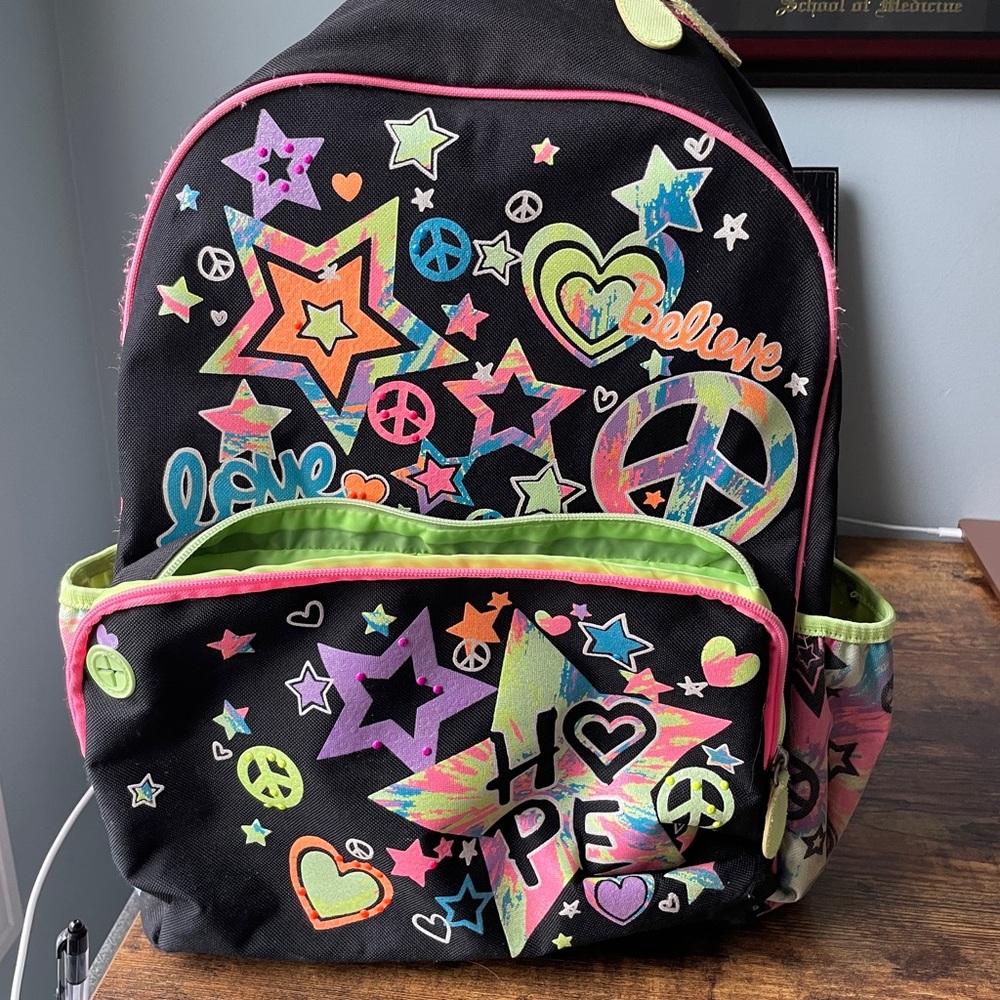 Girls Backpack from Justice- fluorescent stars heart design - worn
